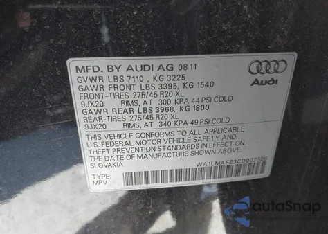2012 Audi Q7 3.0 Tdi Premium z USA, uszkodzony, nr VIN WA1LMAFE3CD002309